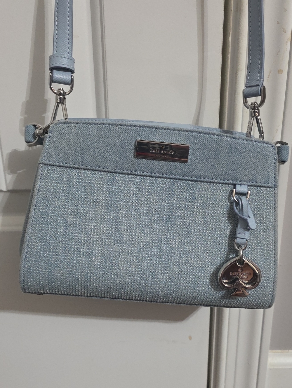 kate spade light blue crossbody with silver hardware